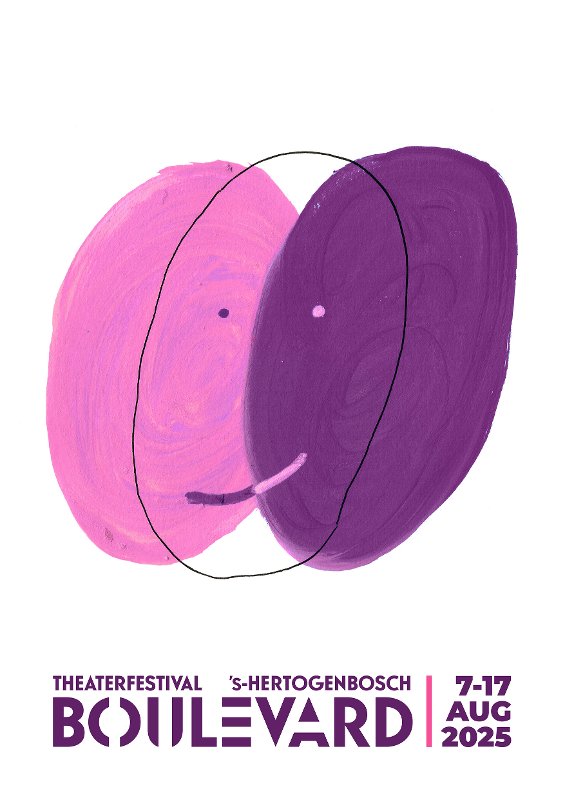 Een witte campagneposter van Theaterfestival Boulevard 2025 met een roze en paarse smiley die aan elkaar verbonden zijn met een zwarte lijn.